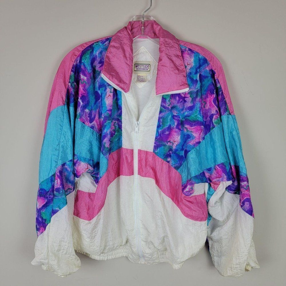 Vintage White Pink Blue Zip Long Sleeve Jacket M